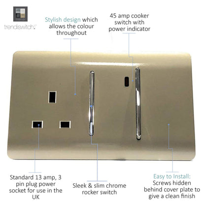 Trendi Switch 45 Amp Cooker Switch & 13 Amp Plug Socket with Neon in Champagne Gold