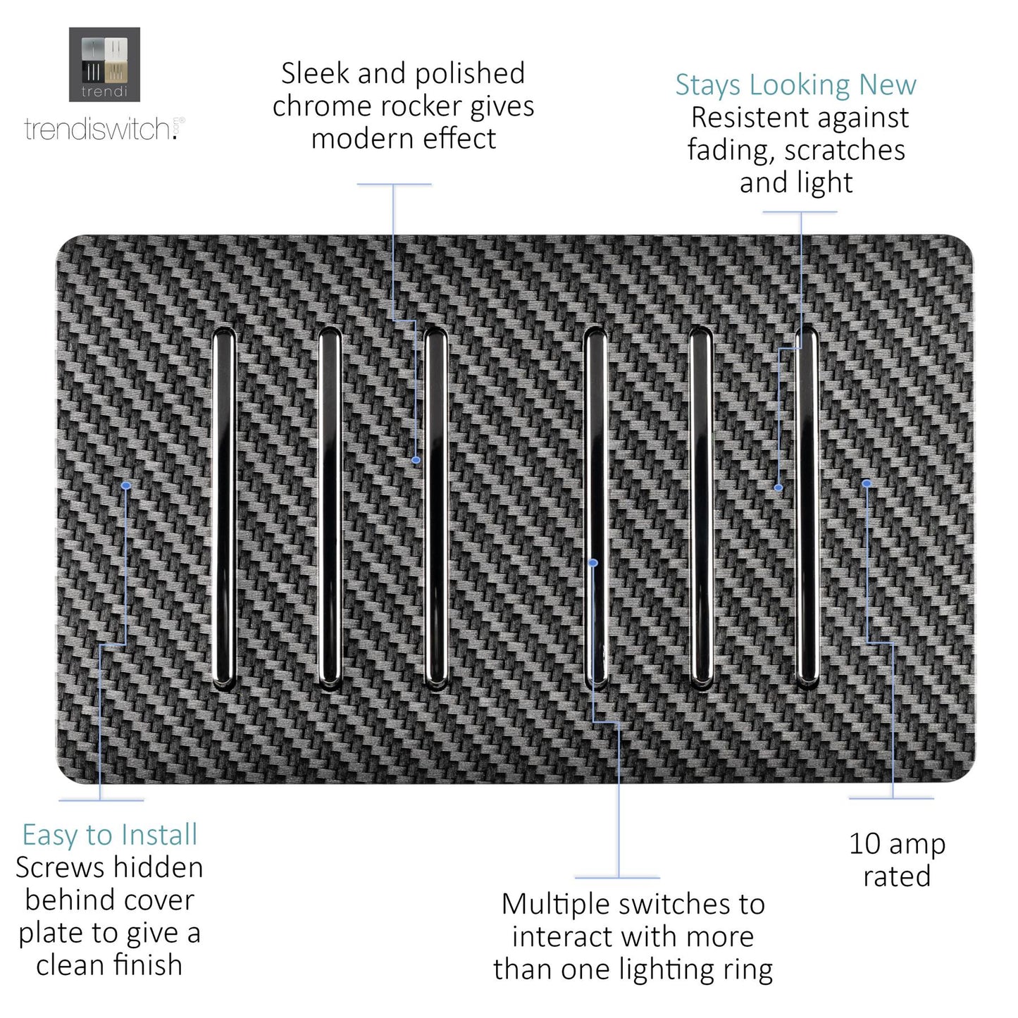 Trendi Switch 6 Gang 1 or 2 Way Light Switchin Carbon Fibre
