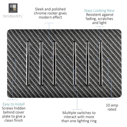 Trendi Switch 6 Gang 1 or 2 Way Light Switch in Carbon Fibre