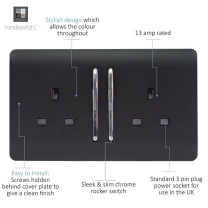 Trendi Switch 2 Gang Long Switched Plug Socket in Matt Black