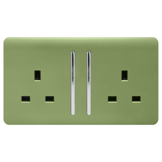 Trendi Switch 2 Gang Long Switched Plug Socketin Moss Green