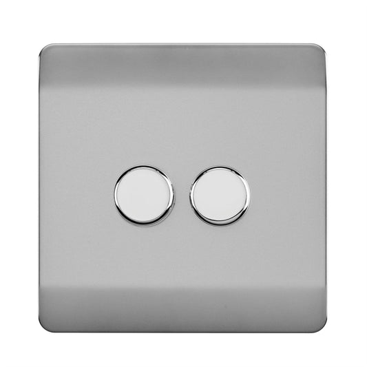 Trendi Switch 2 Gang 1 or 2 way 150w Rotary LED Dimmer Light Switchin Brushed Steel