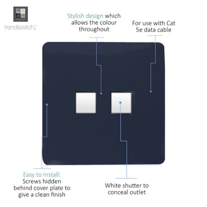 Trendi Switch 2 Gang RJ45 Cat 5e PC Ethernet Socket in Navy Blue