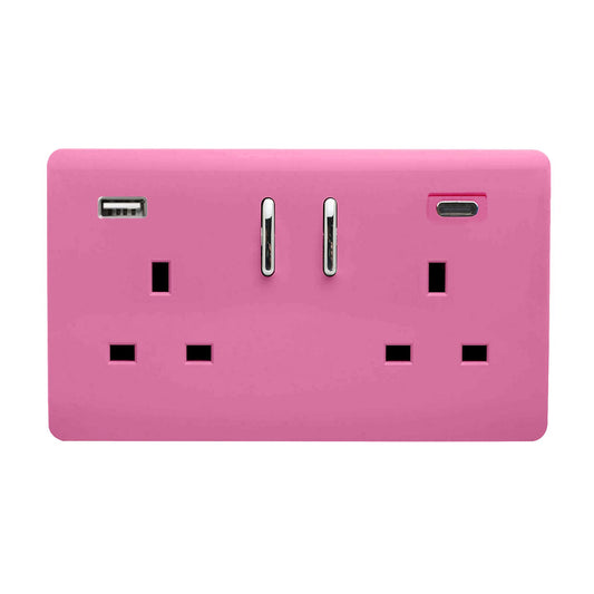 Trendi Switch 2 Gang USB 65W Type A & C USB Plug Socket in Candy Pink