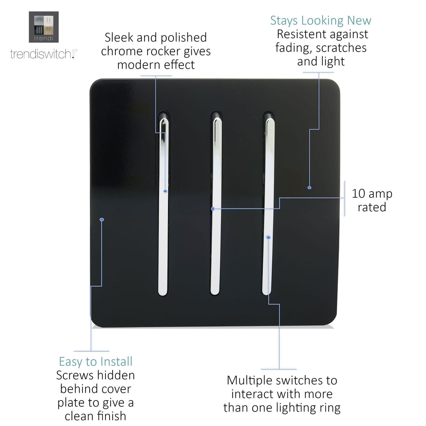 Trendi Switch 3 Gang 1 or 2 way Rocker Light Switch in Piano Black