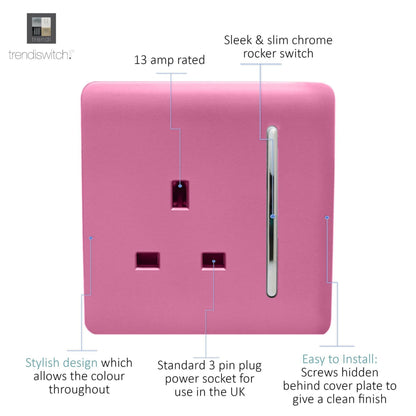 Trendi Switch 1 Gang 13 Amp Switched Plug Socket in Candy Pink