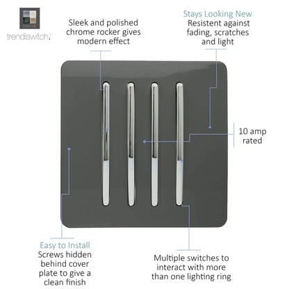 Trendi Switch 4 Gang 1 or 2 way Rocker Light Switch in Charcoal Grey