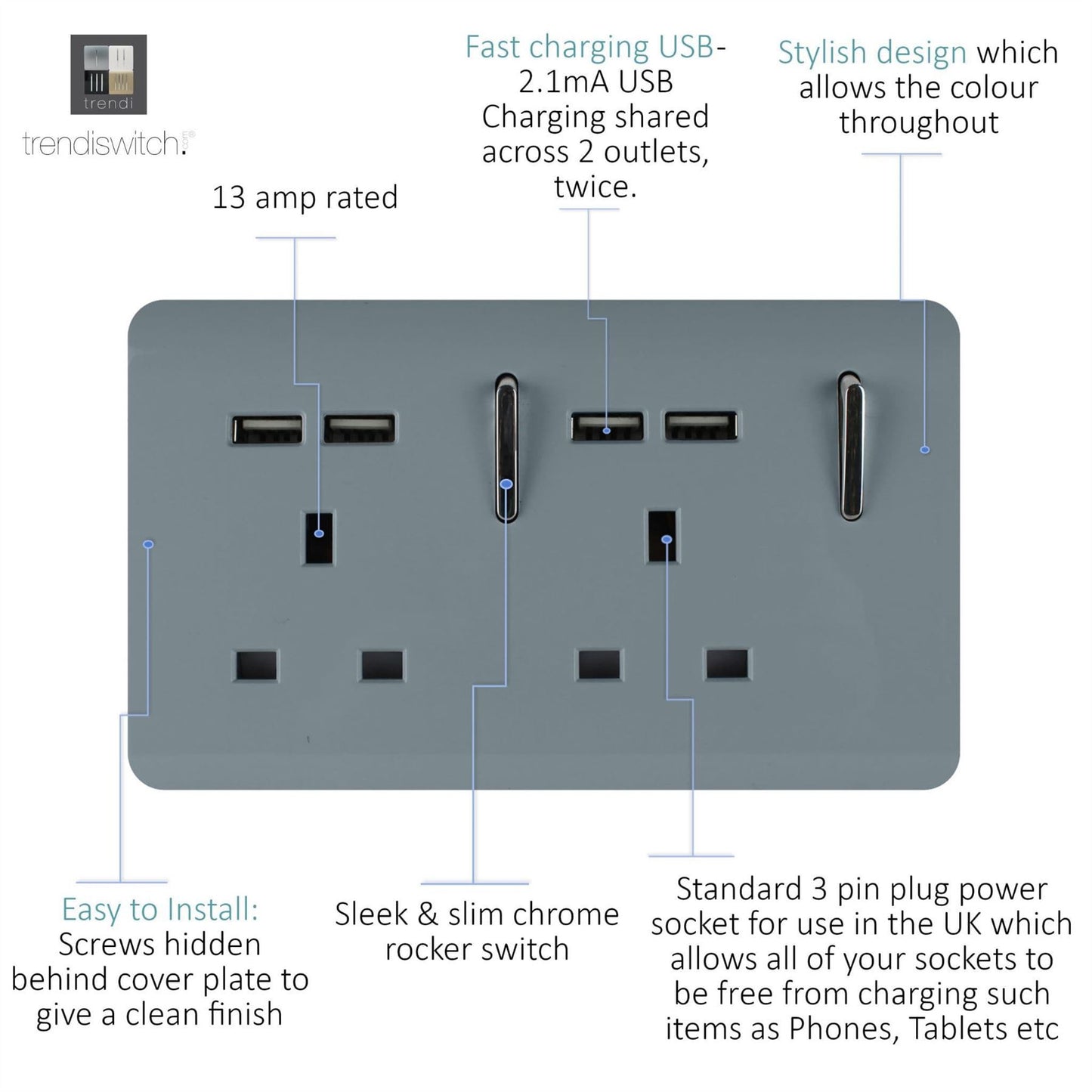 Trendi Switch 2 Gang 4 Port USB 2100mA Plug Socketin Cool Grey