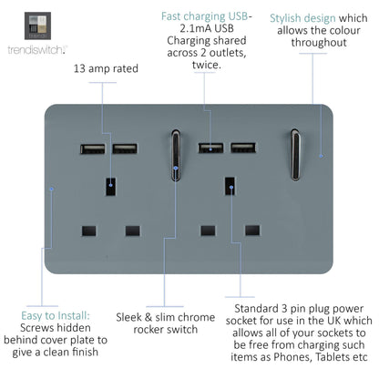 Trendi Switch 2 Gang 4 Port USB 2100mA Plug Socket in Cool Grey
