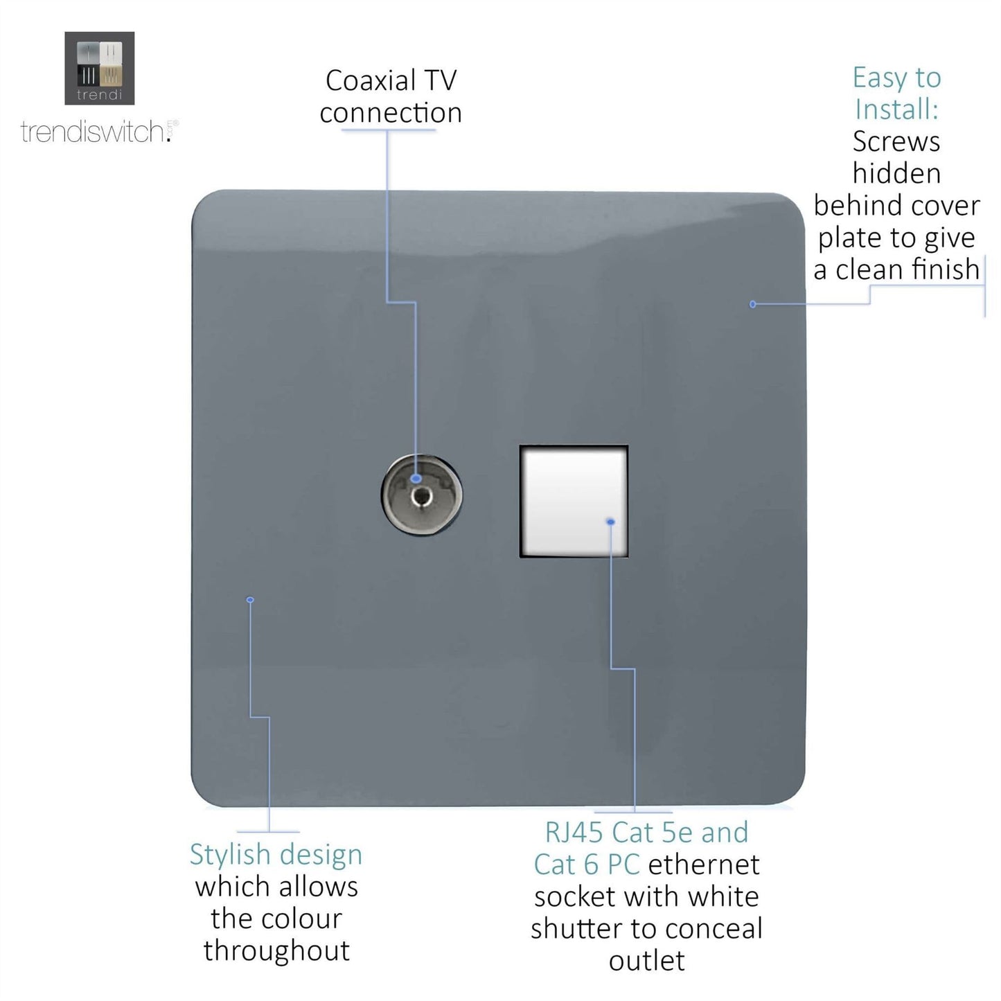 Trendi Switch 2 Gang Female TV Co-Axial & RJ45 Cat 5e PC Ethernet Sockets in Warm Grey