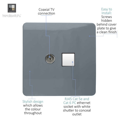 Trendi Switch 2 Gang Female TV Co-Axial & RJ45 Cat 5e PC Ethernet Sockets in Warm Grey