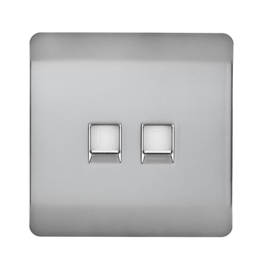 Trendi Switch 2 Gang RJ45 Cat 6 PC Ethernet & Modern Designer Telephone Slave Socketsin Brushed Steel