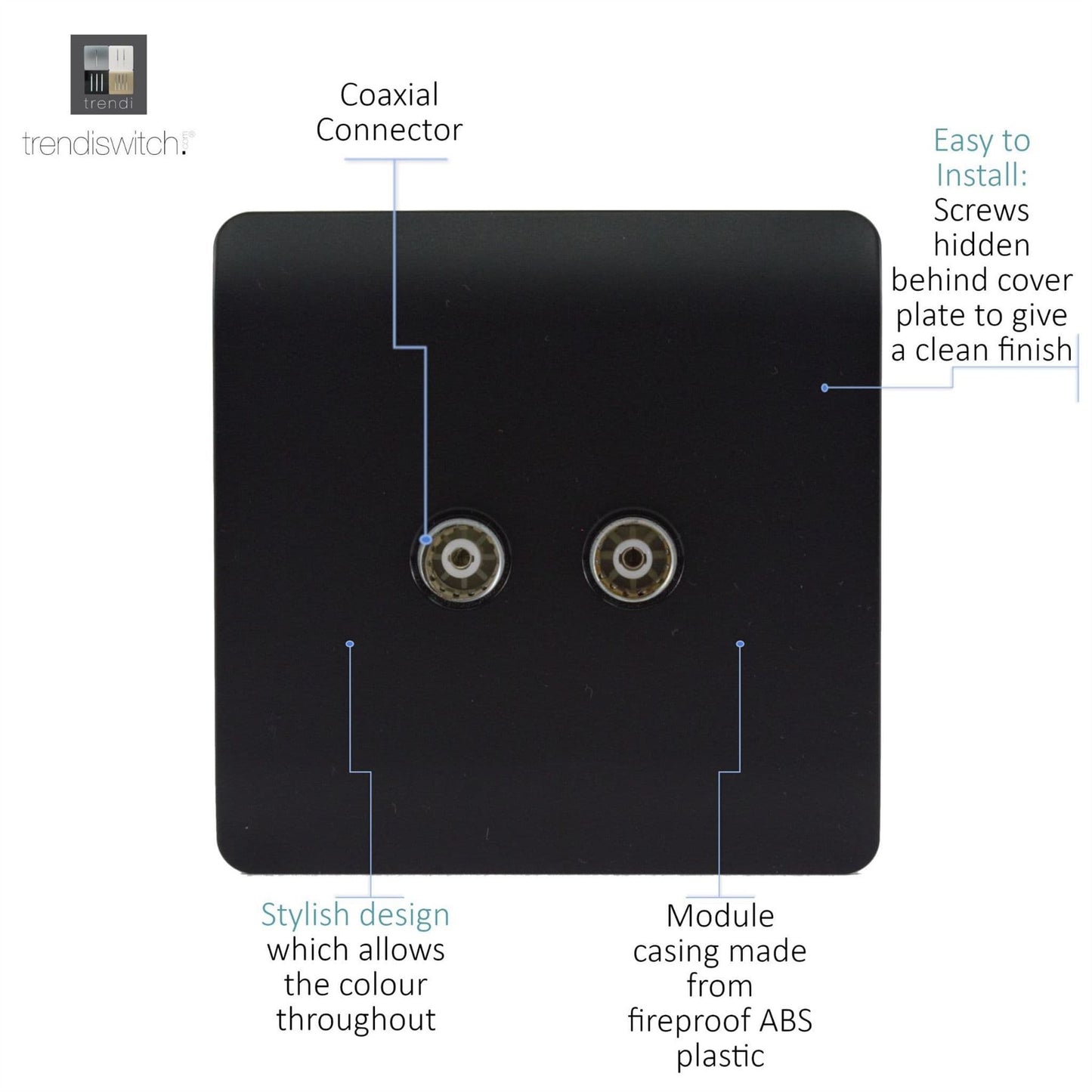 Trendi Switch 2 Gang Female Co-Axial Television Socketin Matt Black