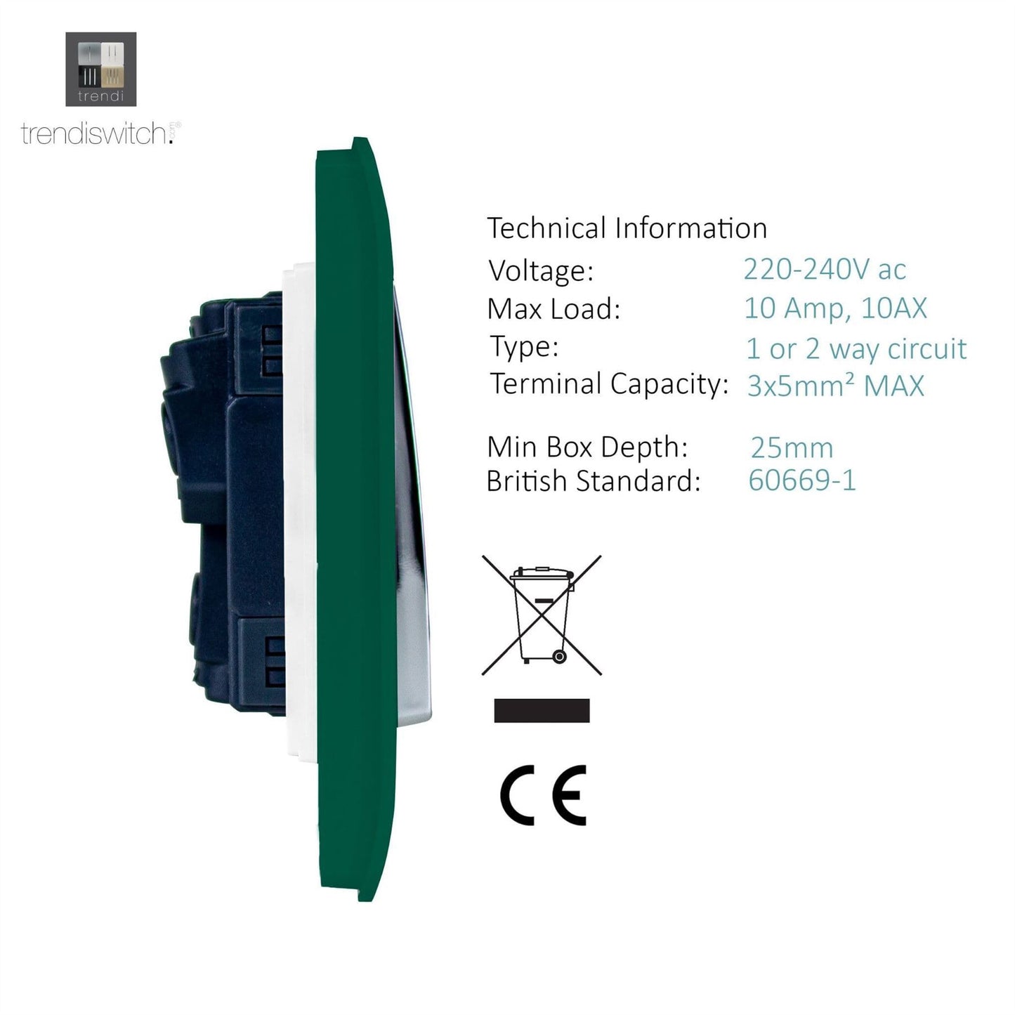 Trendi Switch 1 Gang 1 or 2 way Rocker Light Switchin Dark Forest Green