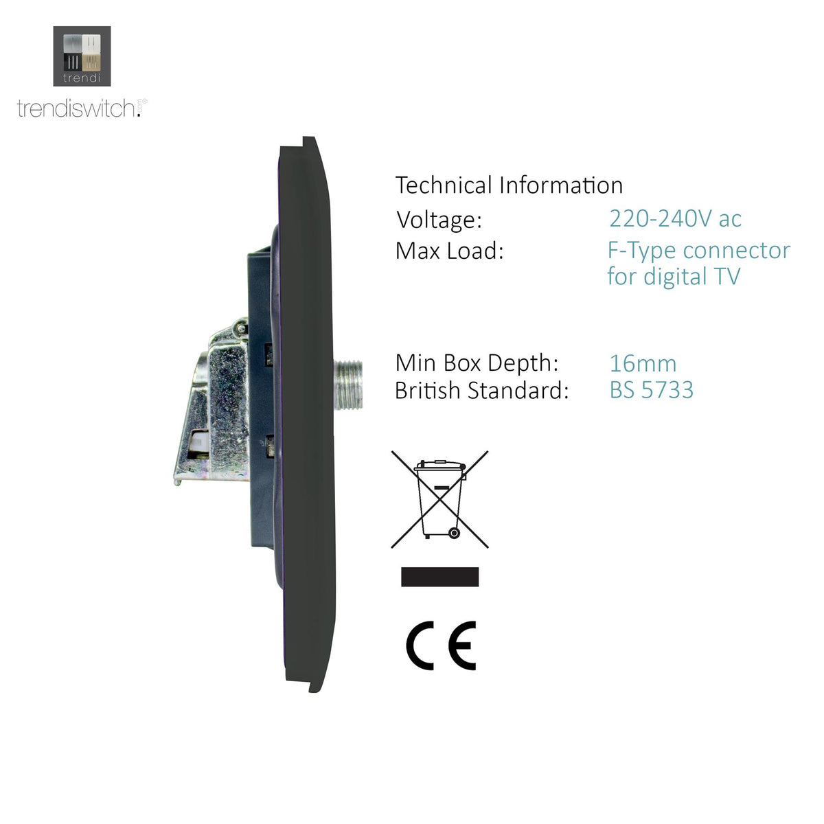 Trendi Switch TV Co-Axial & F-Type Satellite Socket in Charcoal Grey