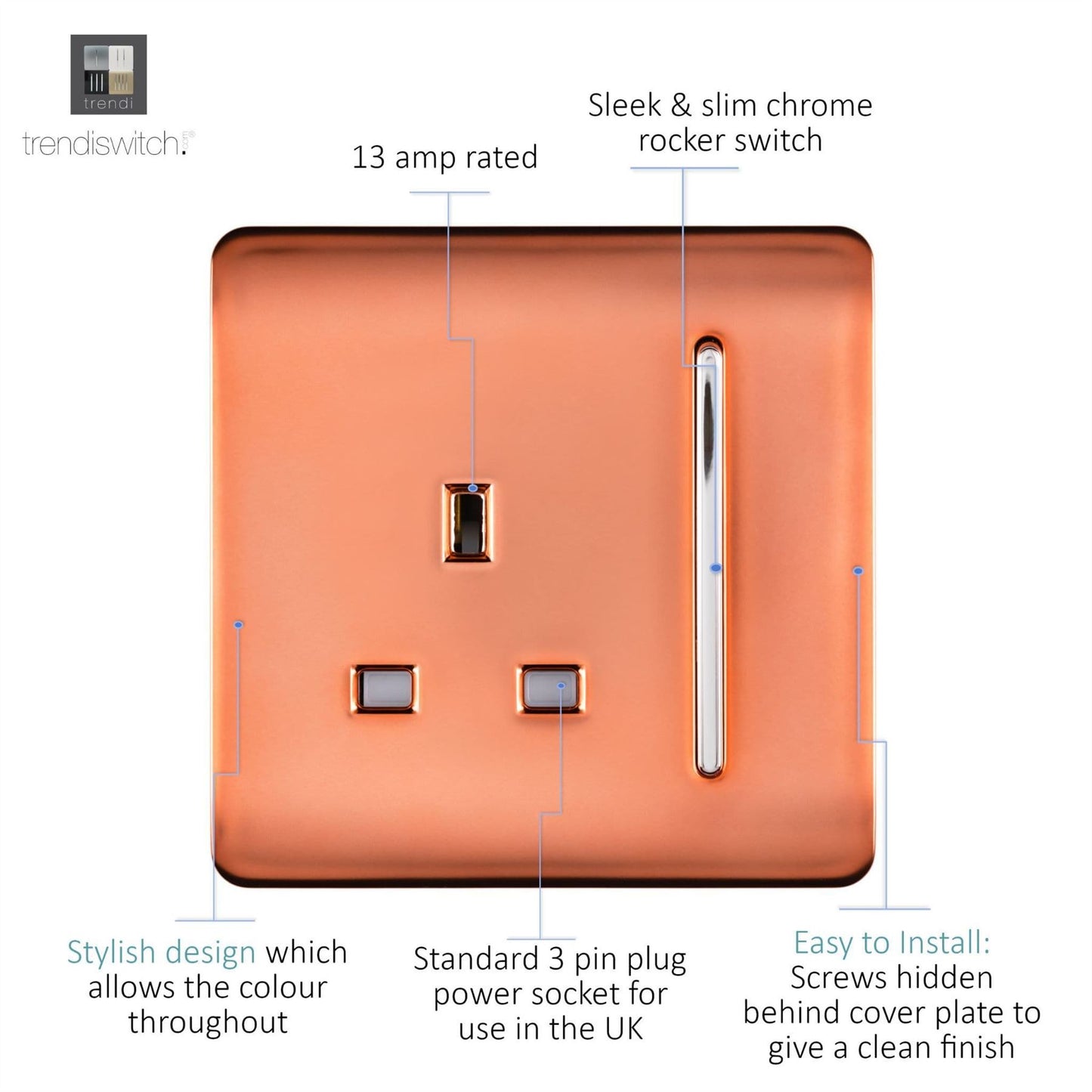 Trendi Switch 1 Gang 13 Amp Switched Plug Socketin Copper