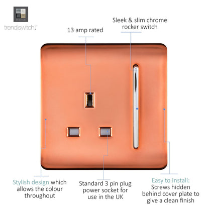 Trendi Switch 1 Gang 13 Amp Switched Plug Socket in Copper
