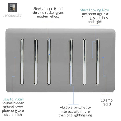Trendi Switch 6 Gang 1 or 2 Way Light Switch in Light Grey