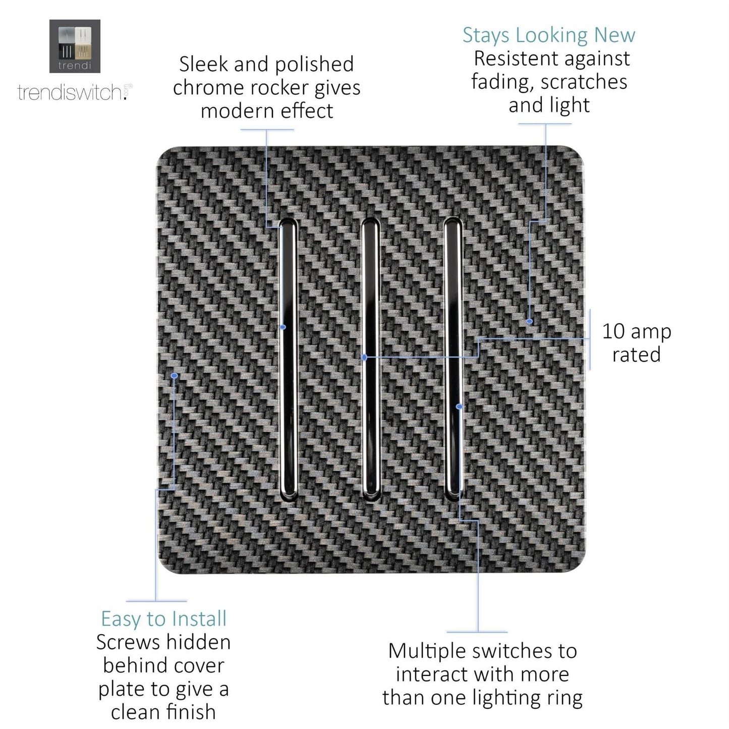 Trendi Switch 3 Gang 1 or 2 way Rocker Light Switch in Carbon Fibre