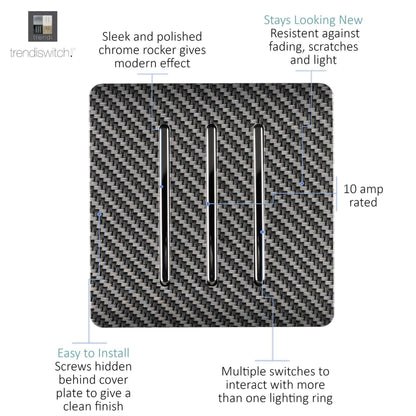 Trendi Switch 3 Gang 1 or 2 way Rocker Light Switch in Carbon Fibre