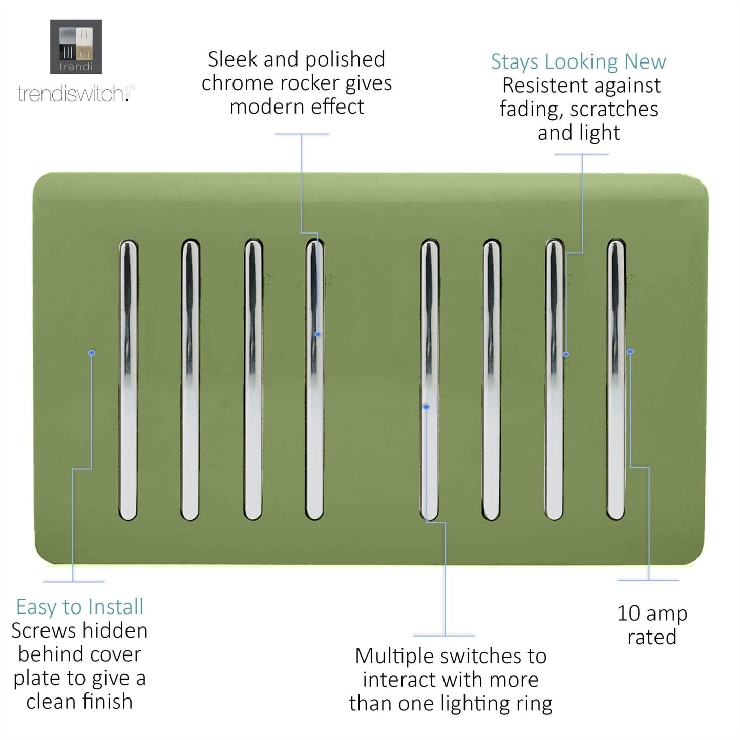 Trendi Switch 8 Gang 1 or 2 Way Light Switchin Moss Green