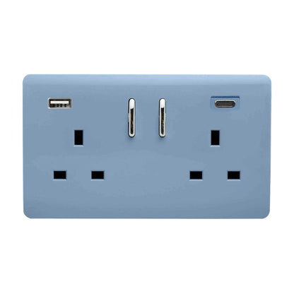 Trendi Switch 2 Gang USB 3100mA Type A & C USB Plug Socket in Sky Blue