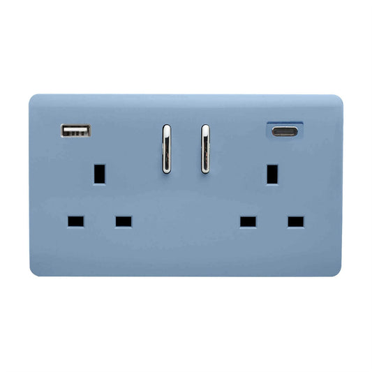 Trendi Switch 2 Gang USB 3100mA Type A & C USB Plug Socketin Sky Blue