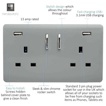 Trendi Switch 2 Gang USB 3100mA Plug Socket in Platinum Silver