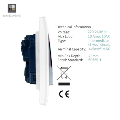 Trendi 1 Gang 3 Way Intermediate 10 Amp Rocker Light Switch Matt White - ART-SS9MWH