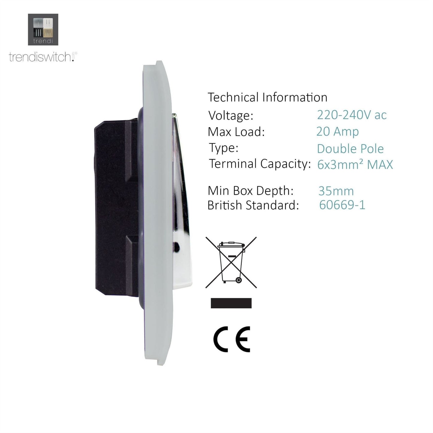 Trendi Switch 1 Gang 20 Amp Heavy Duty Rocker Switchin Brushed Steel