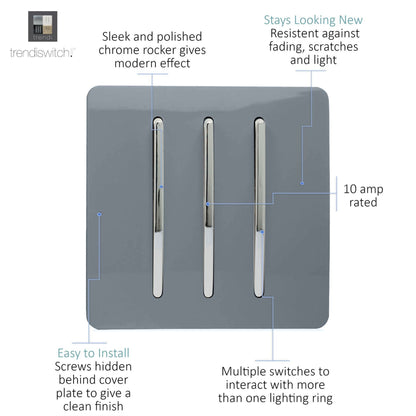 Trendi Switch 3 Gang 1 or 2 way Rocker Light Switch in Warm Grey