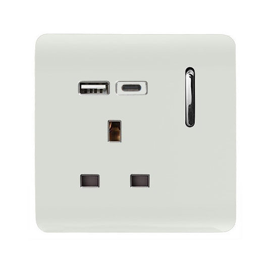 Trendi 1 Gang Artistic Modern Glossy 13 Amp 2 x Type A+C USB Switched Tactile Plug Socket Ice White