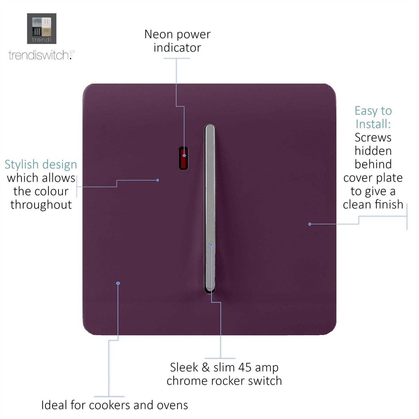 Trendi Switch 1 Gang 45 Amp Cooker Switch with Neonin Plum Purple