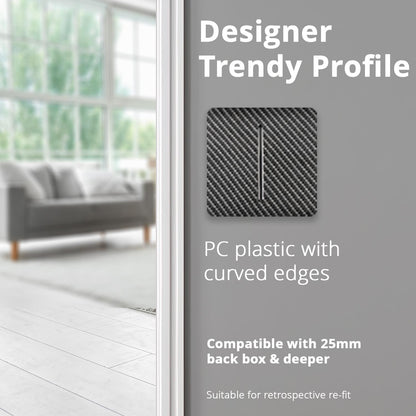 Trendi Switch 1 Gang 1 or 2 way Rocker Light Switch in Carbon Fibre
