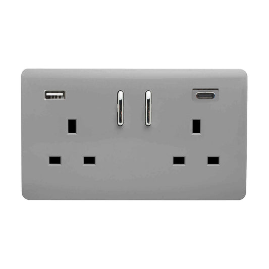 Trendi Switch 2 Gang USB 65W Type A & C USB Plug Socket in Light Grey
