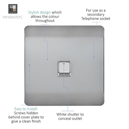 Trendi Switch 1 Gang Cat 3 Telephone Slave Socket in Brushed Steel
