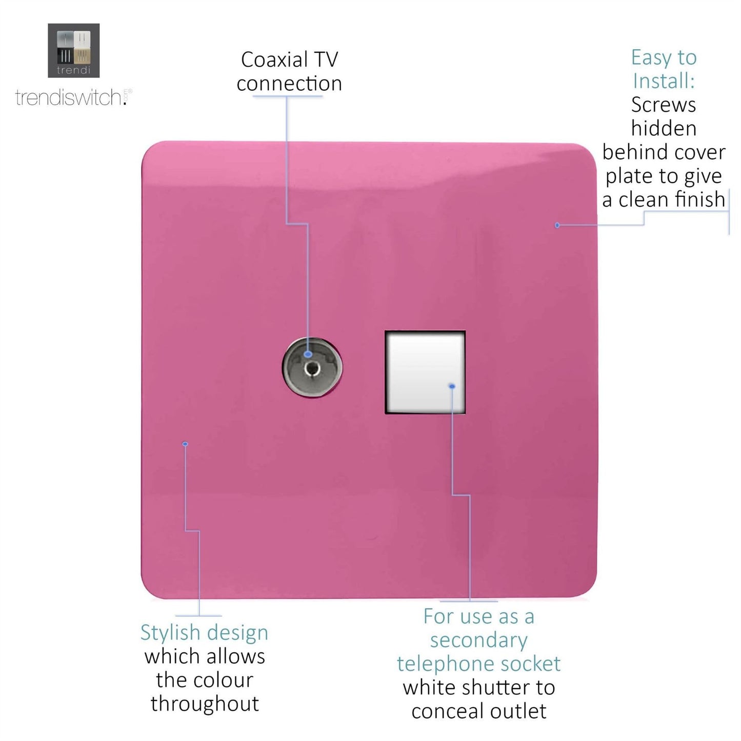 Trendi Switch 2 Gang Female TV Co-Axial & Telephone Slave Socketsin Candy Pink