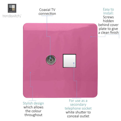Trendi Switch 2 Gang Female TV Co-Axial & Telephone Slave Sockets in Candy Pink