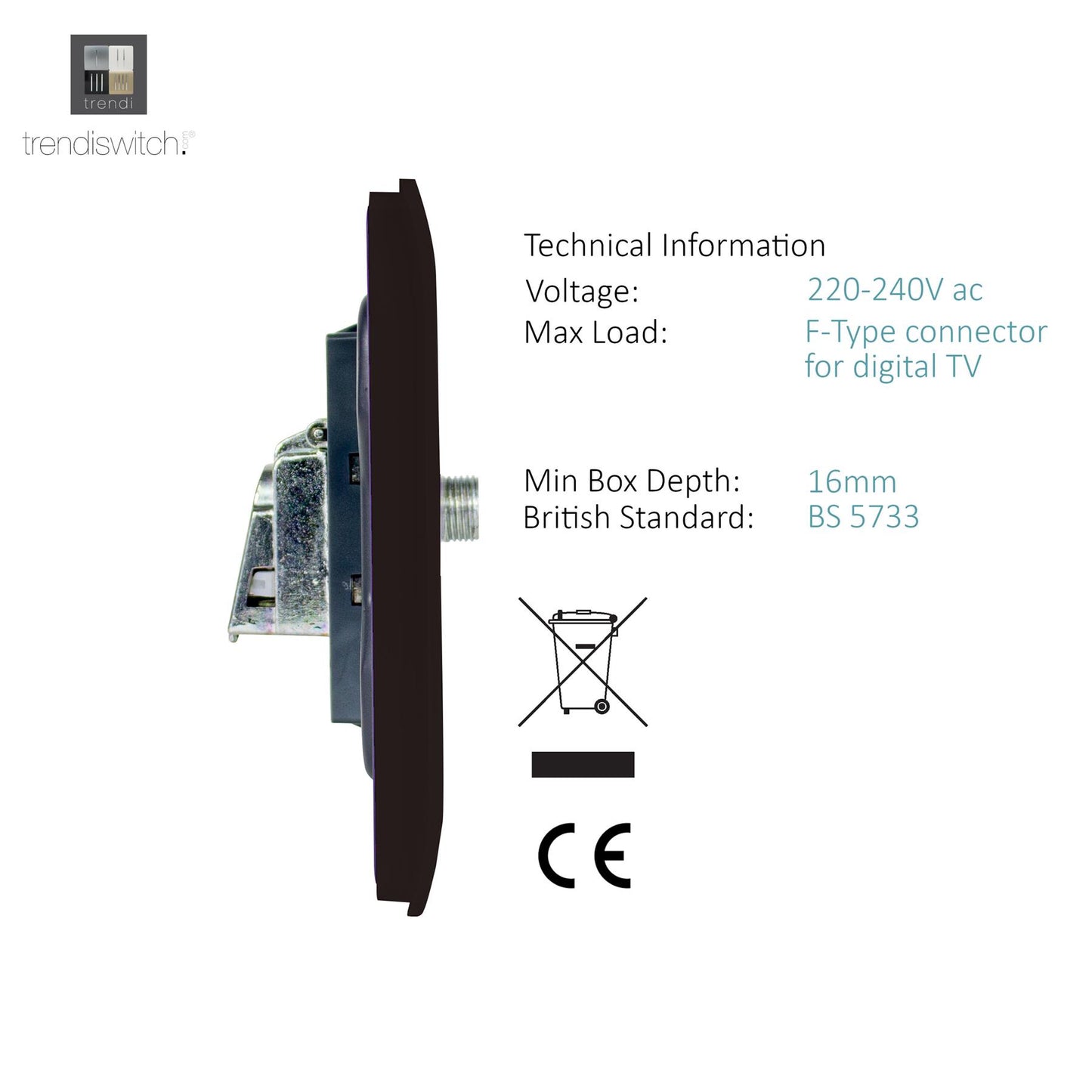 Trendi Switch TV Co-Axial & F-Type Satellite Socket in Dark Mocha Brown