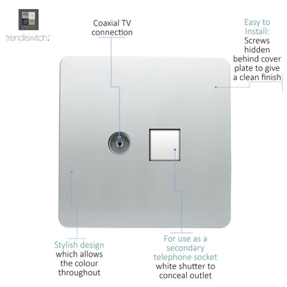 Trendi Switch 2 Gang Female TV Co-Axial & Telephone Slave Sockets in Platinum Silver