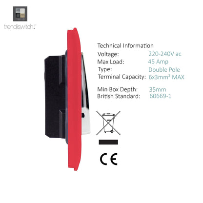 Trendi Switch 1 Gang 45 Amp Cooker Switch with Neon in Strawberry Red