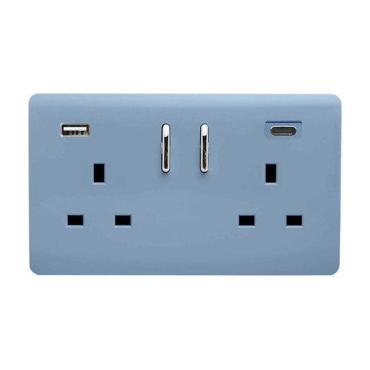 Trendi Switch 2 Gang USB 45W Type A & C USB Plug Socket in Sky Blue