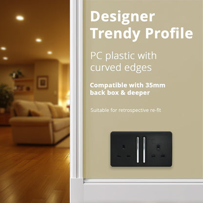 Trendi Switch 2 Gang Long Switched Plug Socket in Piano Black