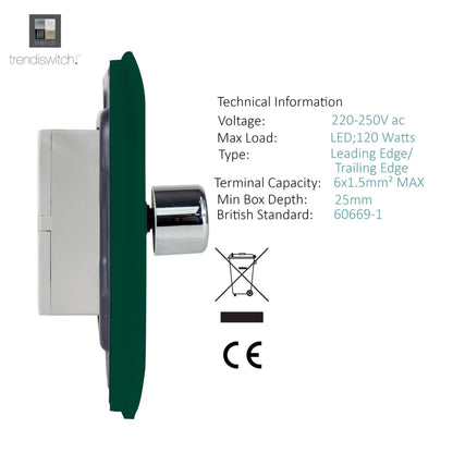 Trendi 2 Gang 2 Way 240V 100w LED Dimmer Screwless Raised Front Plate Plastic Artistic Modern Glossy 10 Amp Chrome Single Electrical Wall Light Switch in Dark Forest Green - ART-2LDMDG