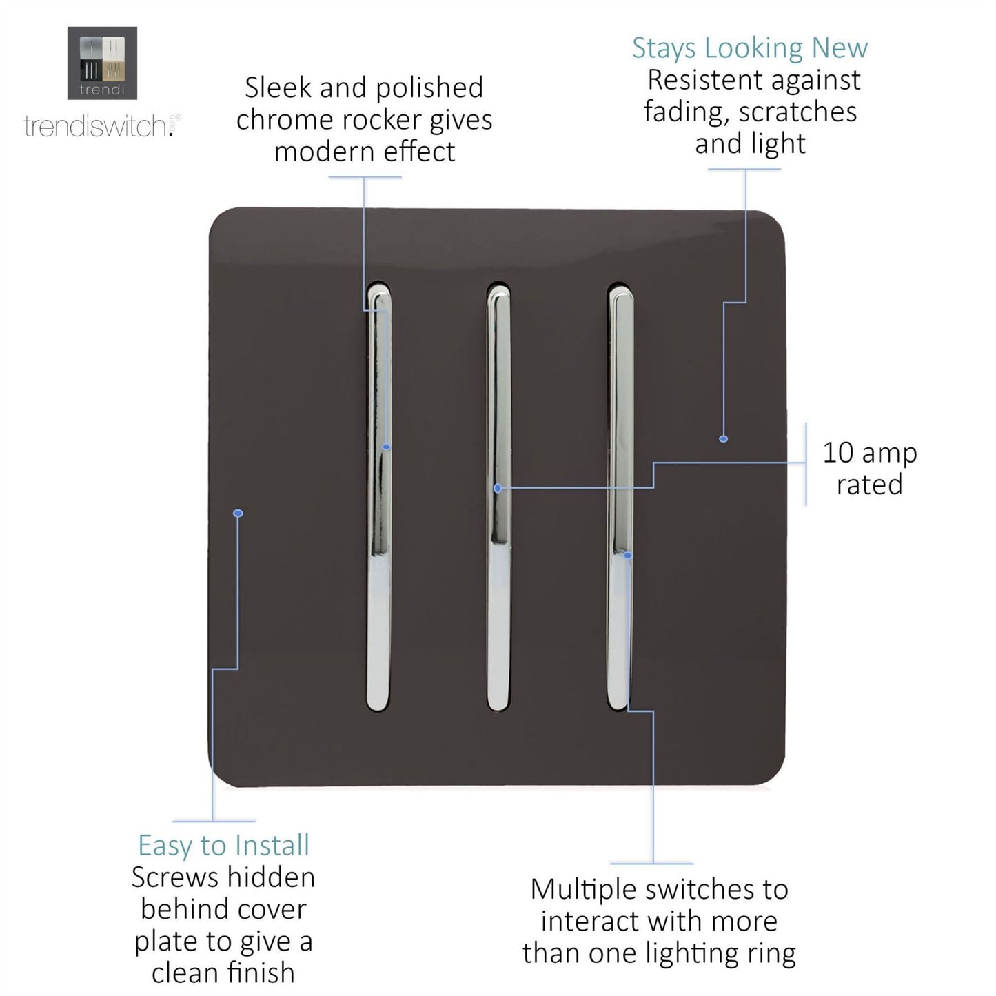 Trendi Switch 3 Gang 1 or 2 way Rocker Light Switch in Dark Mocha Brown