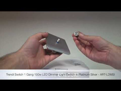 Trendi 1 Gang 2 Way 240V 100w LED Dimmer Screwless Raised Front Plate Plastic Artistic Modern Glossy 10 Amp Chrome Single Electrical Wall Light Switch in Platinum Silver - ART-LDMSI